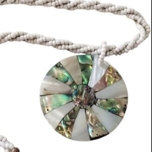 Iridescent Abalone Shell Pendant On Multi-strand Seed Bead Necklace